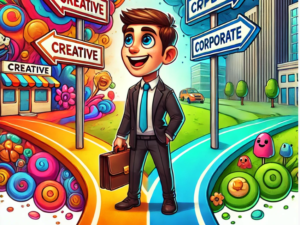 A cartoonish and vibrant scene of a character standing at a colorful crossroads, with one path leading to a creative industry represented by artistic elements and the other path leading to a corporate business environment with sleek buildings, symbolizing career transitions.